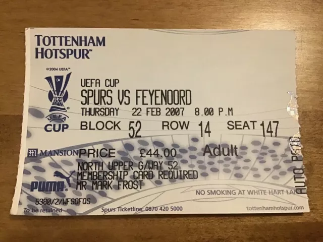 Tottenham v Feyenoord UEFA Cup Rd of 32 2006/7 Ticket Stub Postponed Very Rare