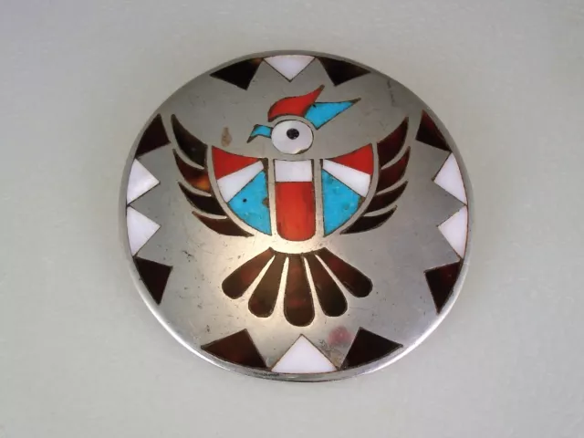 OLD Lolita Natachu ZUNI STERLING SILVER & MOSAIC INLAY THUNDERBIRD PIN PENDANT