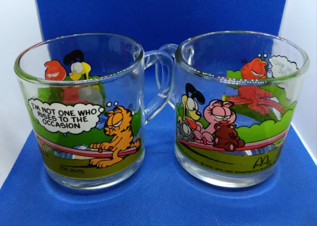 2 Vintage Garfield McDonald's 1978 & 1980 Jim Davis Heavy Glass Coffee Cups Mugs
