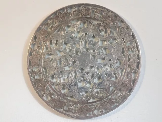 Vintage Webster Sterling Silver & Glass Round Trivet Hot Plate Floral 6 Inch