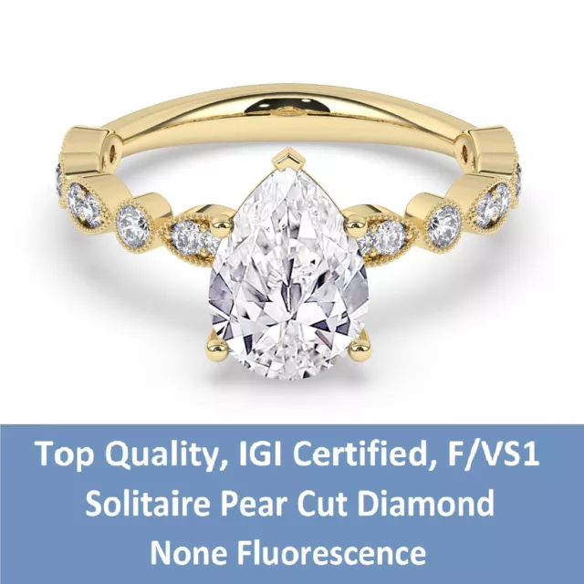 IGI, F/VS1,2 CT Solitaire Lab-Grown Pear Diamond Engagement Ring,18K Yellow Gold 3