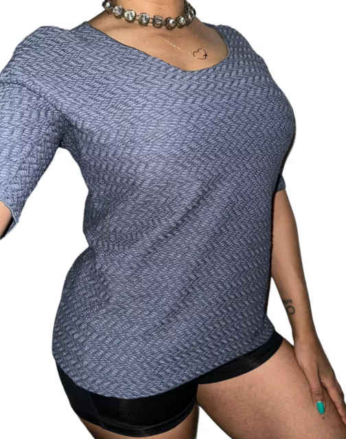 Armani Collezioni Women Sz 10 Slate Gray Blue 3D Textured Knit Blouse Shirt Top