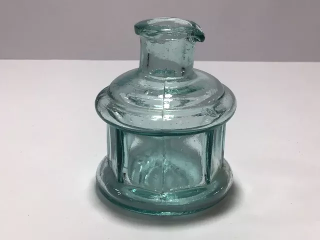 Unusual CAROUSEL with POURING SPOUT HORSE SHOE Old Aqua Victorian Ink Bottle J33
