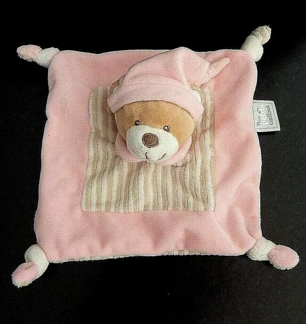 W5. Doudou Plat Mes Petits Cailloux Ours Rose Beige  Blanc Raye Bonnet Neuf *