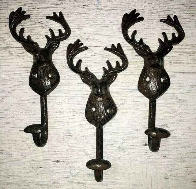 SET of 3 DEER HOOKS rustic bronze brown cast iron heavy duty hooks for lodge elk