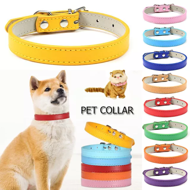 Cat Dog Leather Collar Puppy Collar Small Dog Collar Adjustable Buckle Solid ❀ #