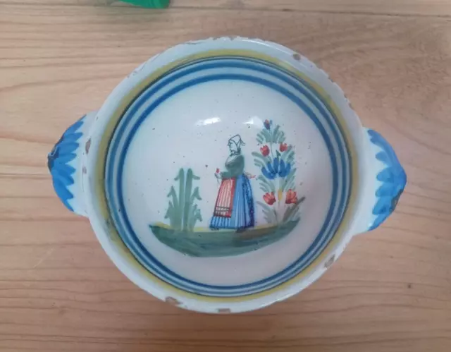 Antique Henriot Quimper Pottery Bowl Breton Woman 1934 can be hung on wall.