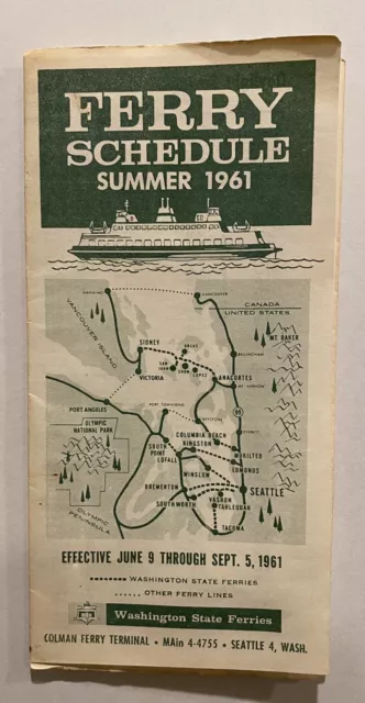 1961 Washington State Ferries vintage Summer schedule map travel brochure