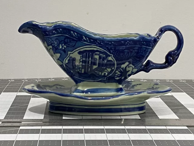 PERFECT! — 1920s — Victoria Ironstone Set — Gravy Boat & Plate/Base — Flow Blue