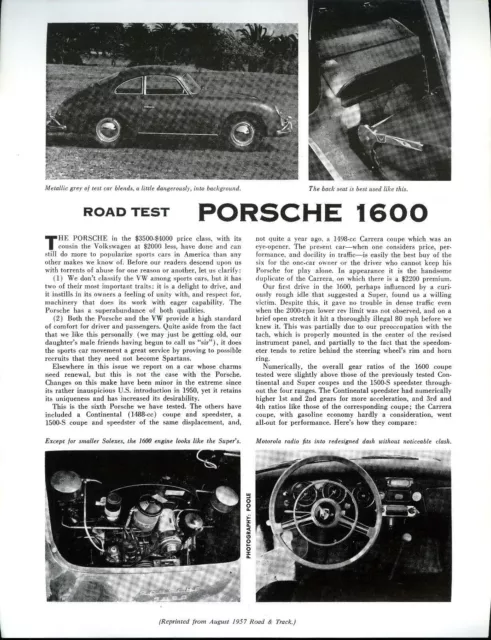 Road & Track Article Reprint from August 1957 -- Road Test Porsche 1600 --