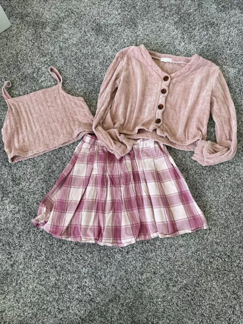 Girls L (12) 3 Piece Pink Sweater And Skirt Outfit!!