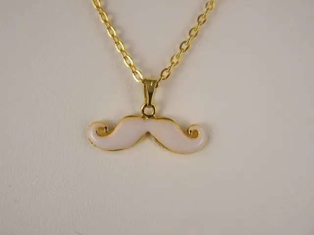 White Gold mustache handlebar moustache pendant charm 16" long chain necklace