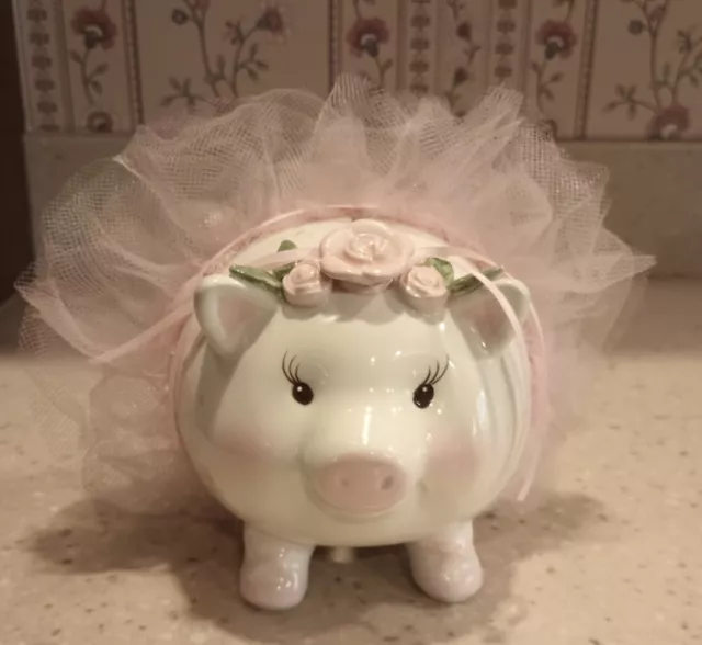 Mud Pie Ceramic Ballerina Pig With Pink Tutu  Piggy Coin Bank Euc