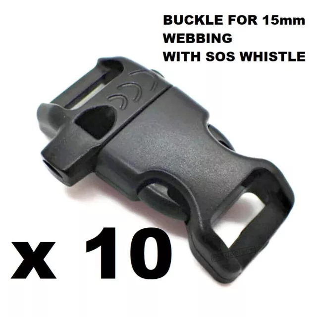 10 x Side Release Plastic Buckles with WHISTLE For Webbing Straps 15mm Wide