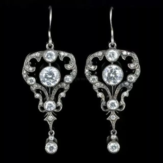 Old European Cut Lab Created Diamond Edwardian Wedding 925 Silver Gift Earrings