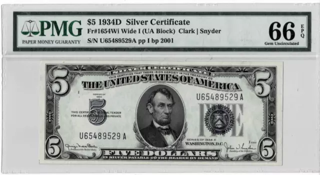 1934D $5 Silver Certificate note-fr.1654Wi--(UA Block)--PMG 66 EPQ