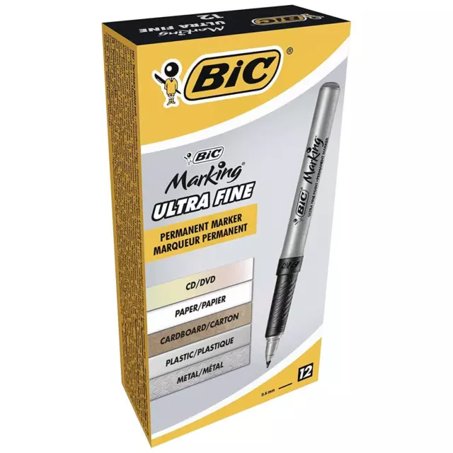 BIC Repère Permanent Marqueurs Ultra Pointe Fine Noir - Paquet De 12