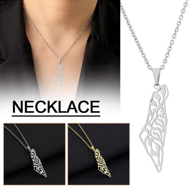 Amaxer Collana con ciondolo a forma di stella di David, con mappa di Israele e Palestina, in acciaio inox, idea regalo per donne e uomini, L50