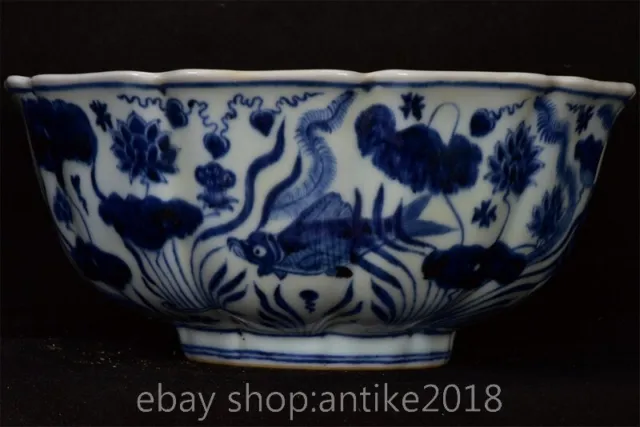 9" Old Chinese Xuan de blue glaze Porcelain an octagon fish pattern bowl 3