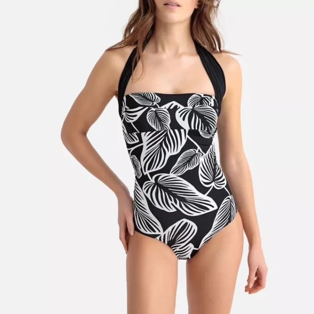La Redoute Floral Leaf Print Halterneck Swimsuit Size 12 Black/White GFV394