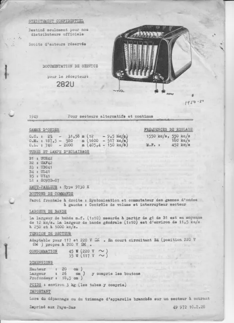 Documentation de service pour récepteur radio 282 U : 1949 (radiola ?)