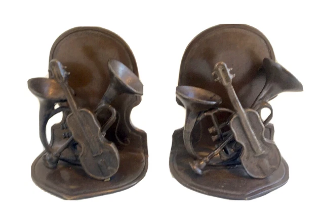 Pair Vtg Solid Bronze Musical Instrument Bookends - Trumpet, Violin, French Horn
