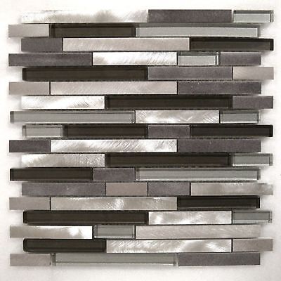 Silver Gray Aluminum Metal & Metallic Glass Mosaic Liner Backsplash Wall Tile