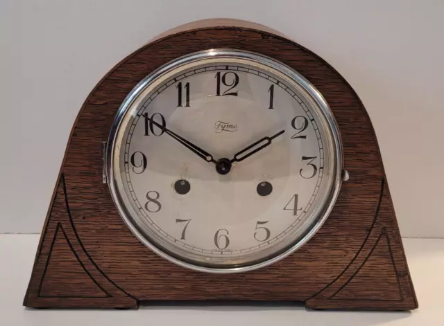 Antique Early 20th Century c1930s German Haller & Tymo Oak Chiming Mantel Clock