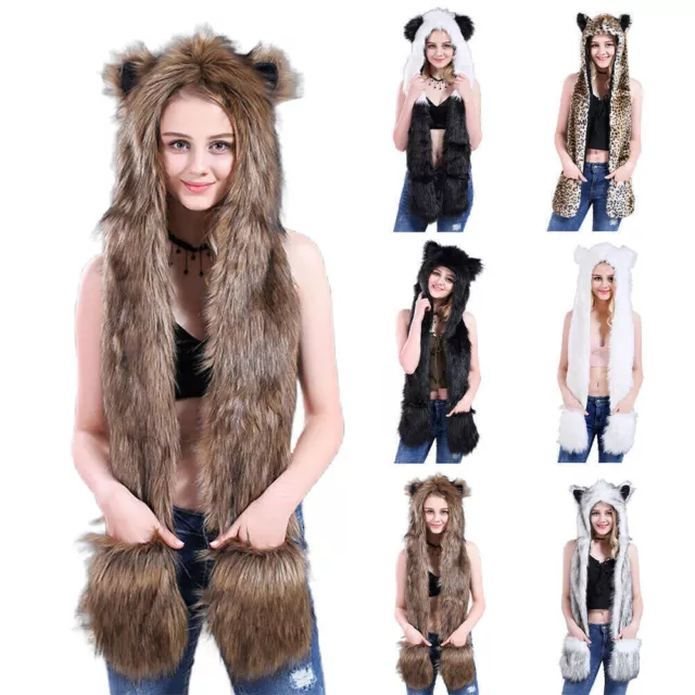 Winter Faux Fur Animal Ears Hat Cap Gloves Mittens Scarf 3in1 Hood Warm Women's