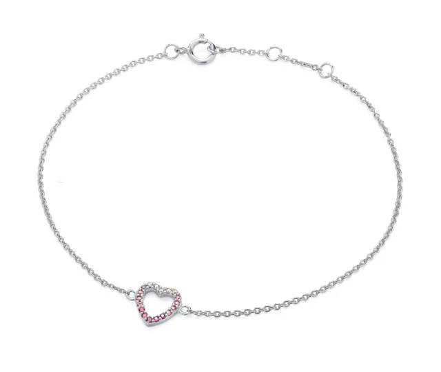 925 Sterling Silver Pink Sapphire CZ Heart Ladies Bracelet 7.5 inch Adjustable