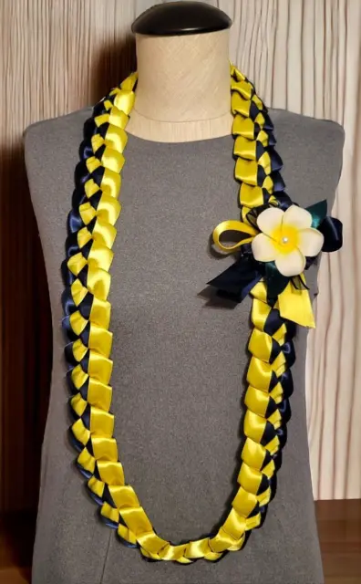 New Navy Blue & Yellow Satin Braided Ribbon Graduation Lei with Flower