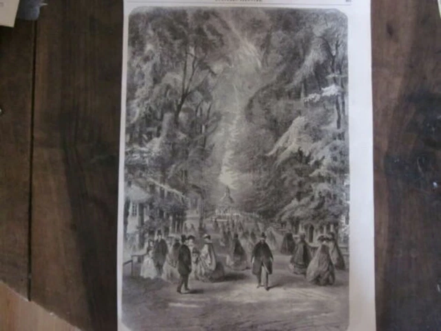 GRAVURE SUR BOIS 19ème LA PROMENADE A PYRMONT ALLEMAGNE