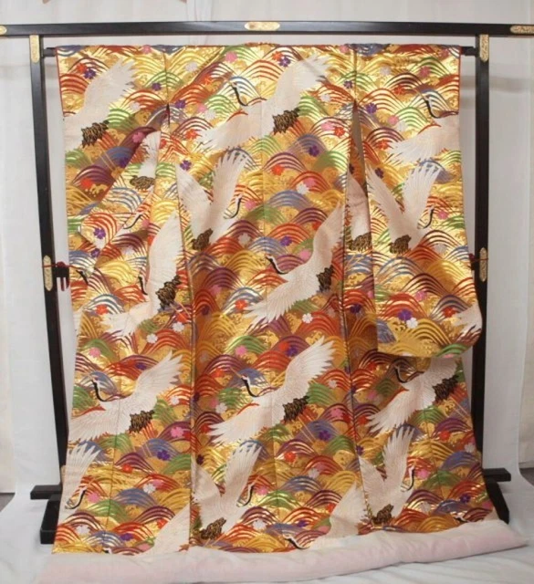 Japanese Kimono Uchikake Luxurious Wedding Pure Silk Gold Blue sea wave Crane
