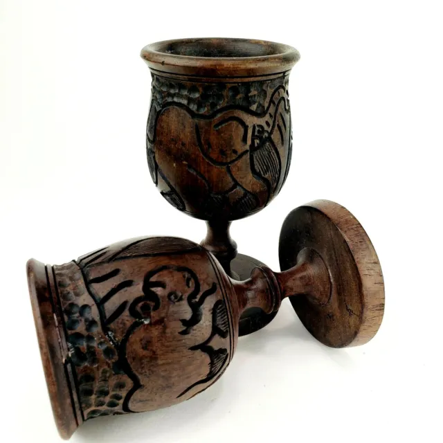 Wooden Goblets Africa Elephant & Rhino Hand Carved & Turned Vintage Set of 2