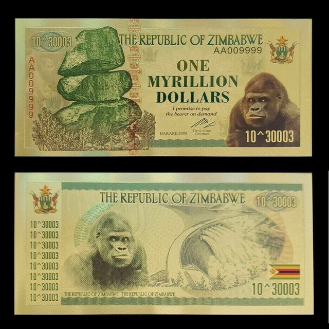 Zimbabwe 1 milione di dollari di banconote in lamina d'oro serie 100 trilioni