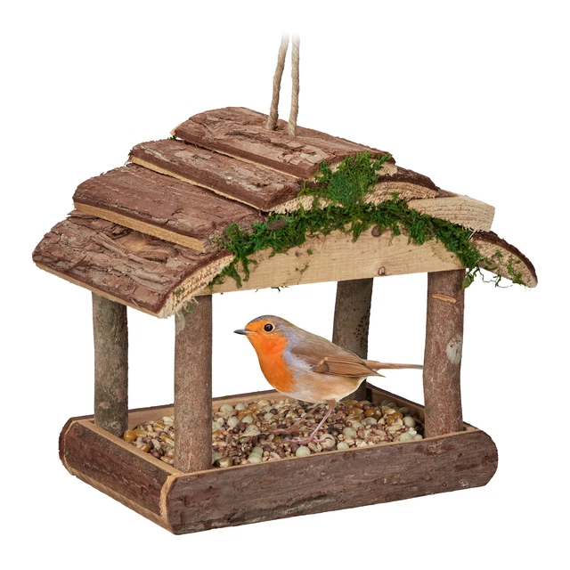 Vogelfutterhaus zum Aufhängen, Futterhäuschen Holz, Vogelfutterspender natürlich