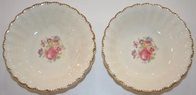 Vintage Leigh Ware Pottery USA 22k Gold Trim Bowl Dish Floral Flowers Set of 2