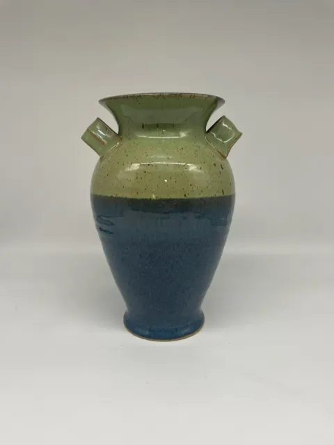 Large Sarah Dolin Studio Pottery Signed Blue & Green Glazed Vase with 2 Handles