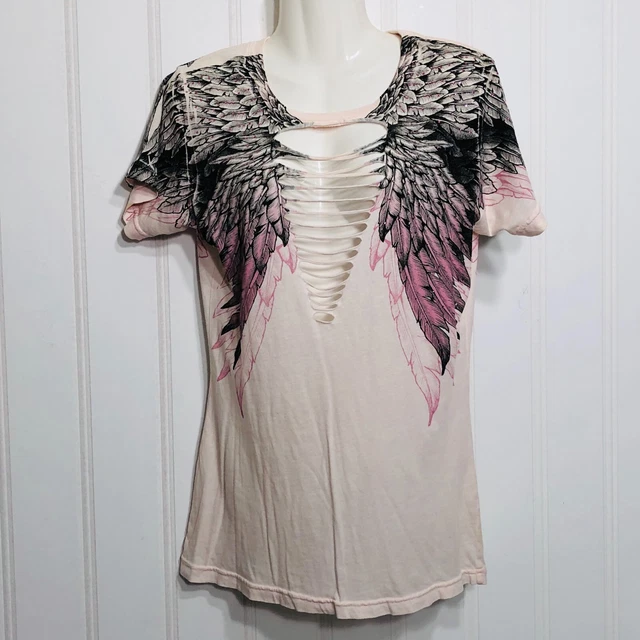 Affliction Tee Medium Womens Pink Black Angel Wings Shredded Studded 100% Cotton