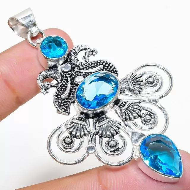 Swiss Blue Topaz Gemstone Handmade 925 Sterling Silver Jewelry Pendant Size 2.50