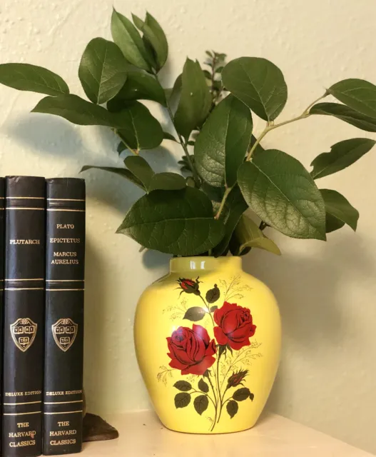 Red Rose Pot/Urn Vase, Vintage 70s, Yellow Glaze, Ceramic