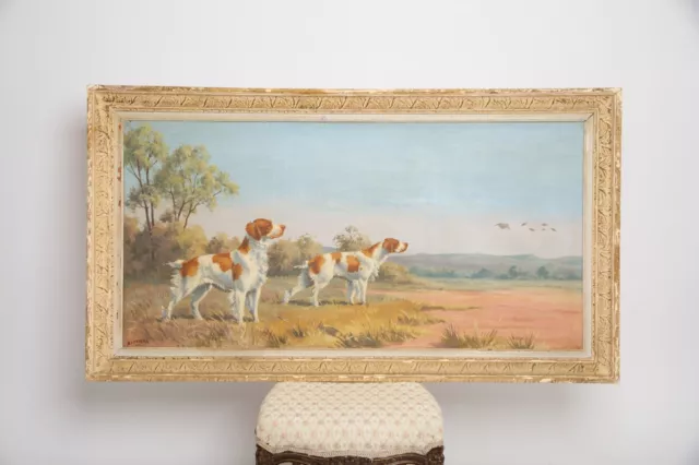 Grand tableau peinture chiens de chasse signé Barracan