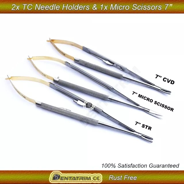 3 x Dental Castroviejo Needle Holder Plier Str&Cvd Micro Scissor Eye Surgery 7”