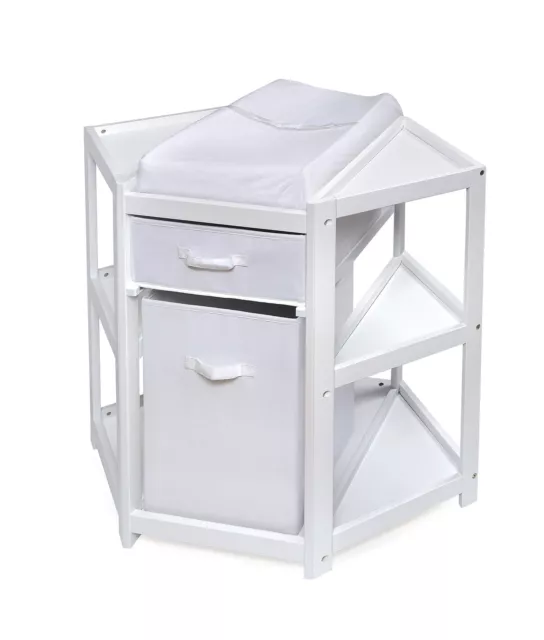 Corner Diaper Changing Table with Laundry Hamper, Storage Bin, and Contoured ...