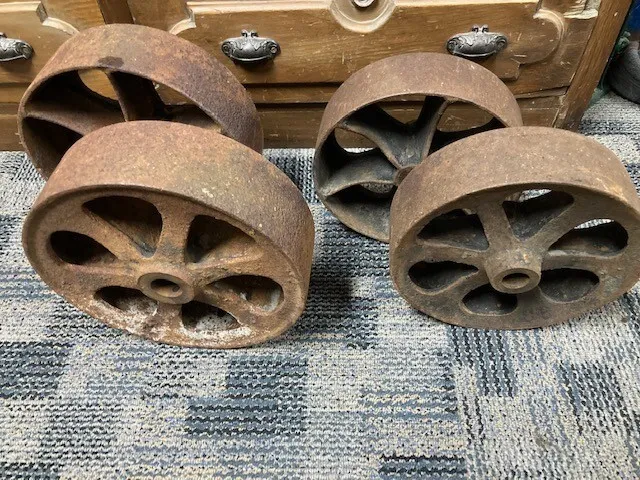 4 - VTG  Industrial Cart steampunk cast iron 9, 10" set hit miss Engine wheels