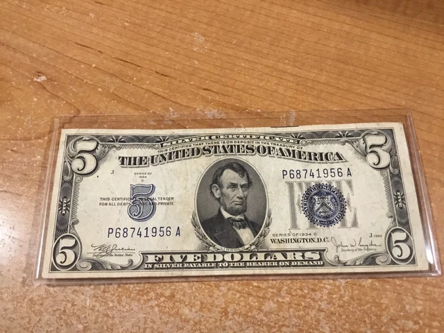 1934-C Misaligned-$5-Silver Bill Certificate Banknote-Blue Seal-1956 A