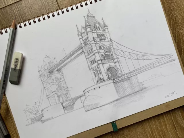 Pencil Sketch Architecture Print / London Tower Bridge Graphite Drawing Citys