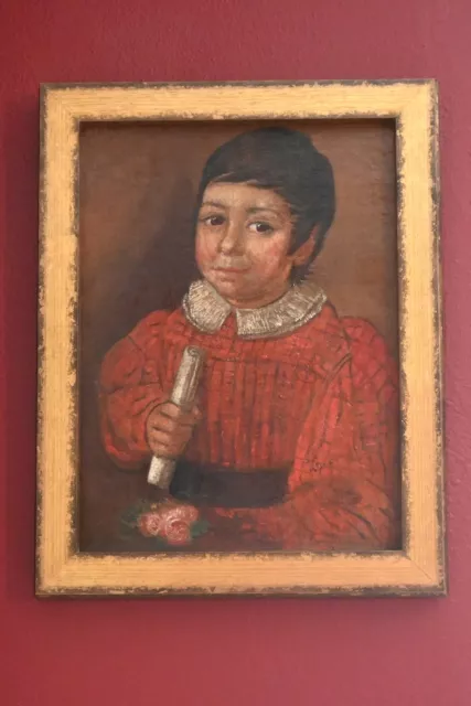 Authentic early 19th Century Spanish Colonial Painting Boy w/ Scroll 14" X 18"