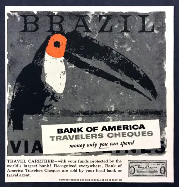 1957 Brazil Toucan Bird art Bank of America Travelers Checks vintage print ad