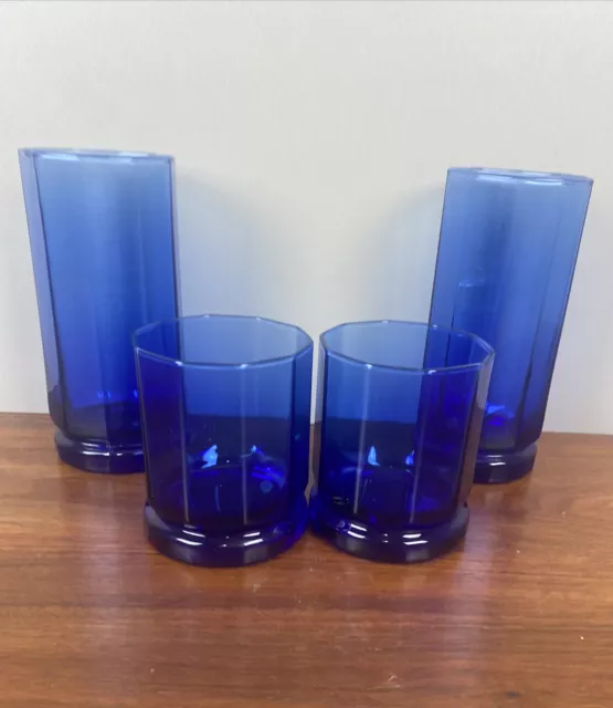 Anchor Hocking Essex Cobalt Blue Set 2 Tumblers 2 Rocks Glasses 6.5/3.75" Panel